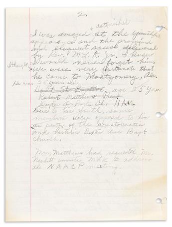 (CIVIL RIGHTS.) [Rosa Parks.] Her hand-written recollection of her first meeting with Martin Luther King Jr.